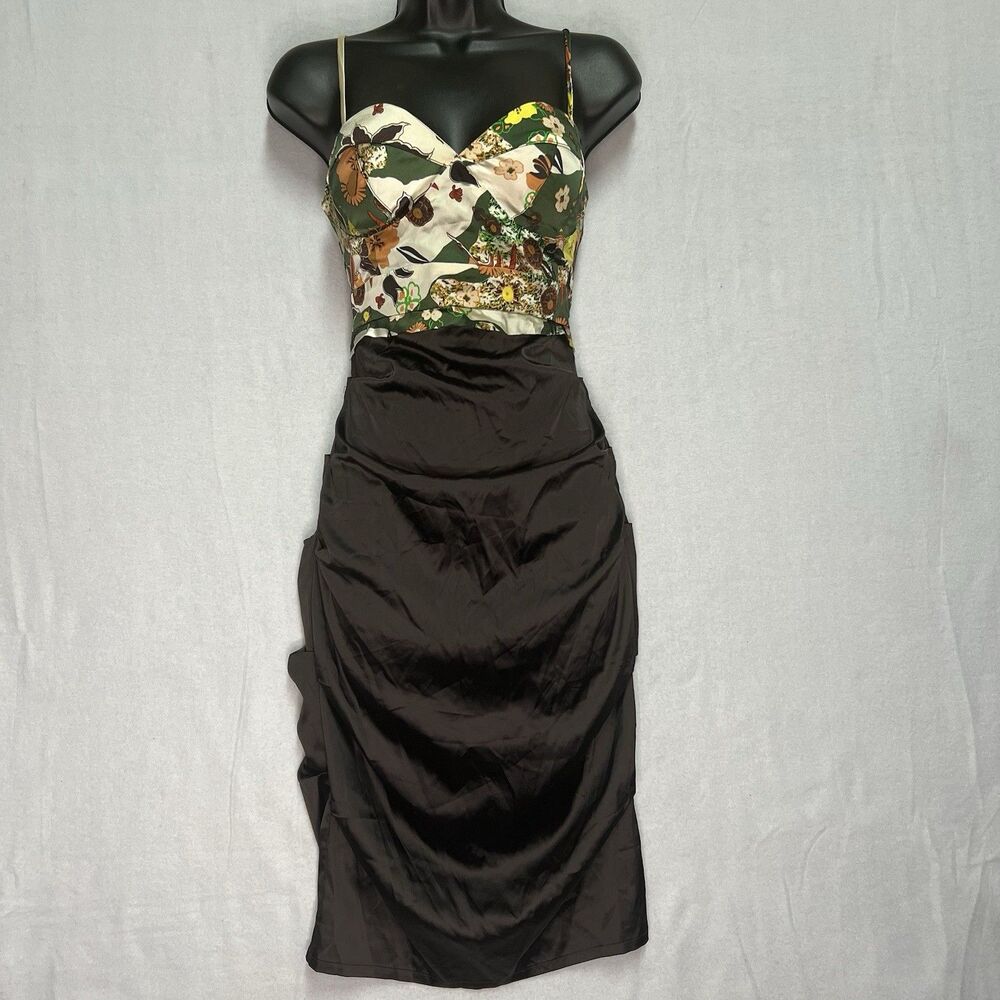 Y2K Floral Bustier Satin Dress Brown Green Ruched Midi Spaghetti Strap 2000s Med
